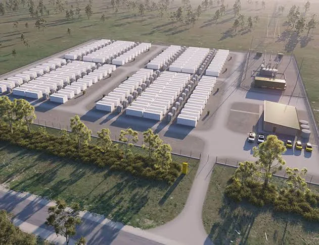 Rzędy kontenerów bateryjnych ze stacją transformatorową — materiał poglądowy