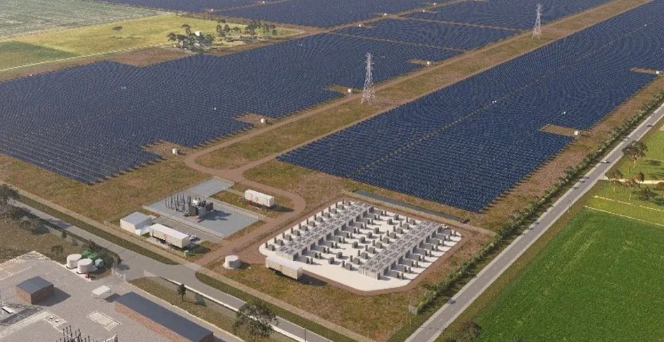 Magazyn energii obok farmy fotowoltaicznej — materiał poglądowy
